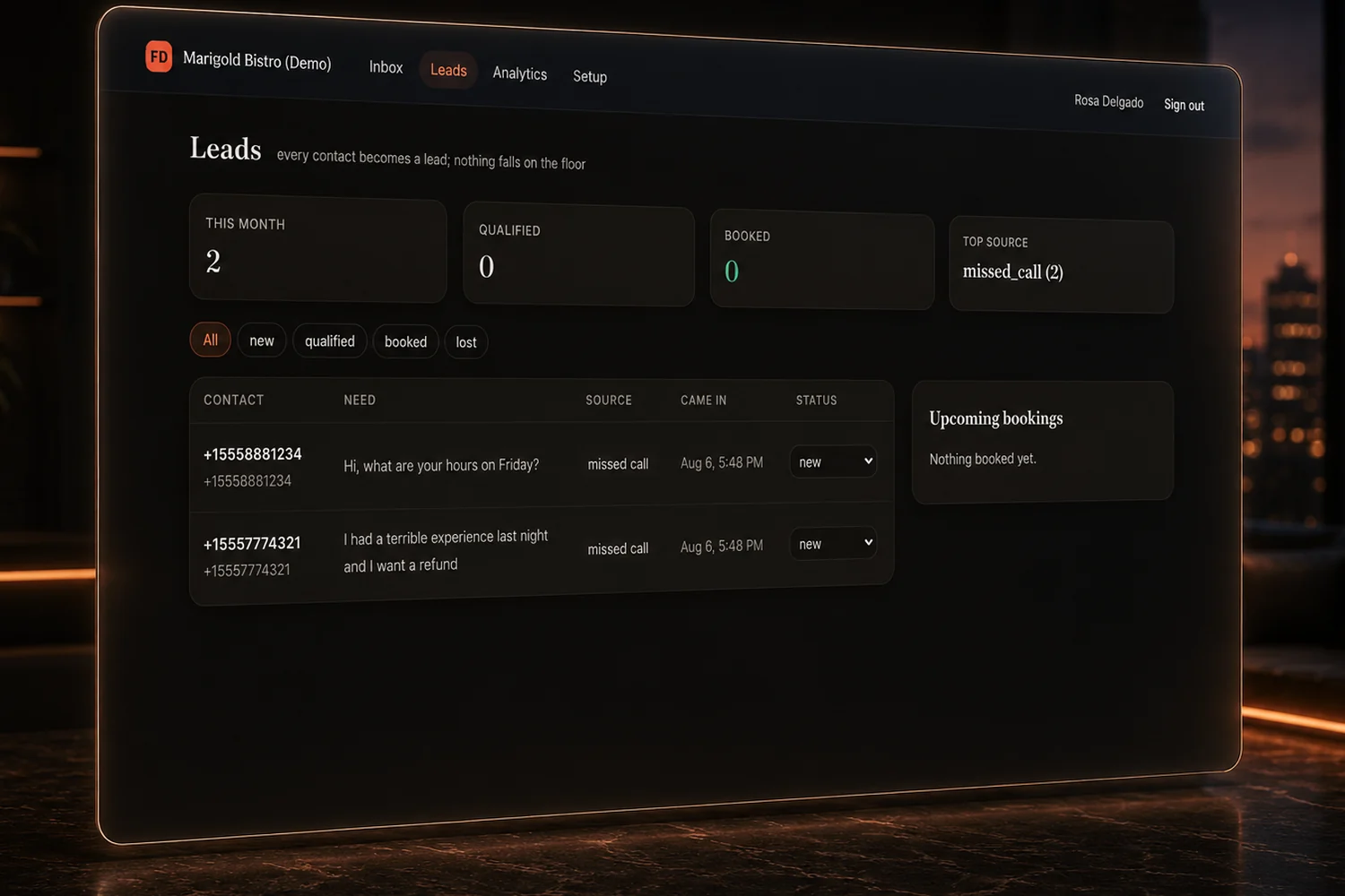 The Huk Front Desk Platform on screen: the lead log with every inbound contact