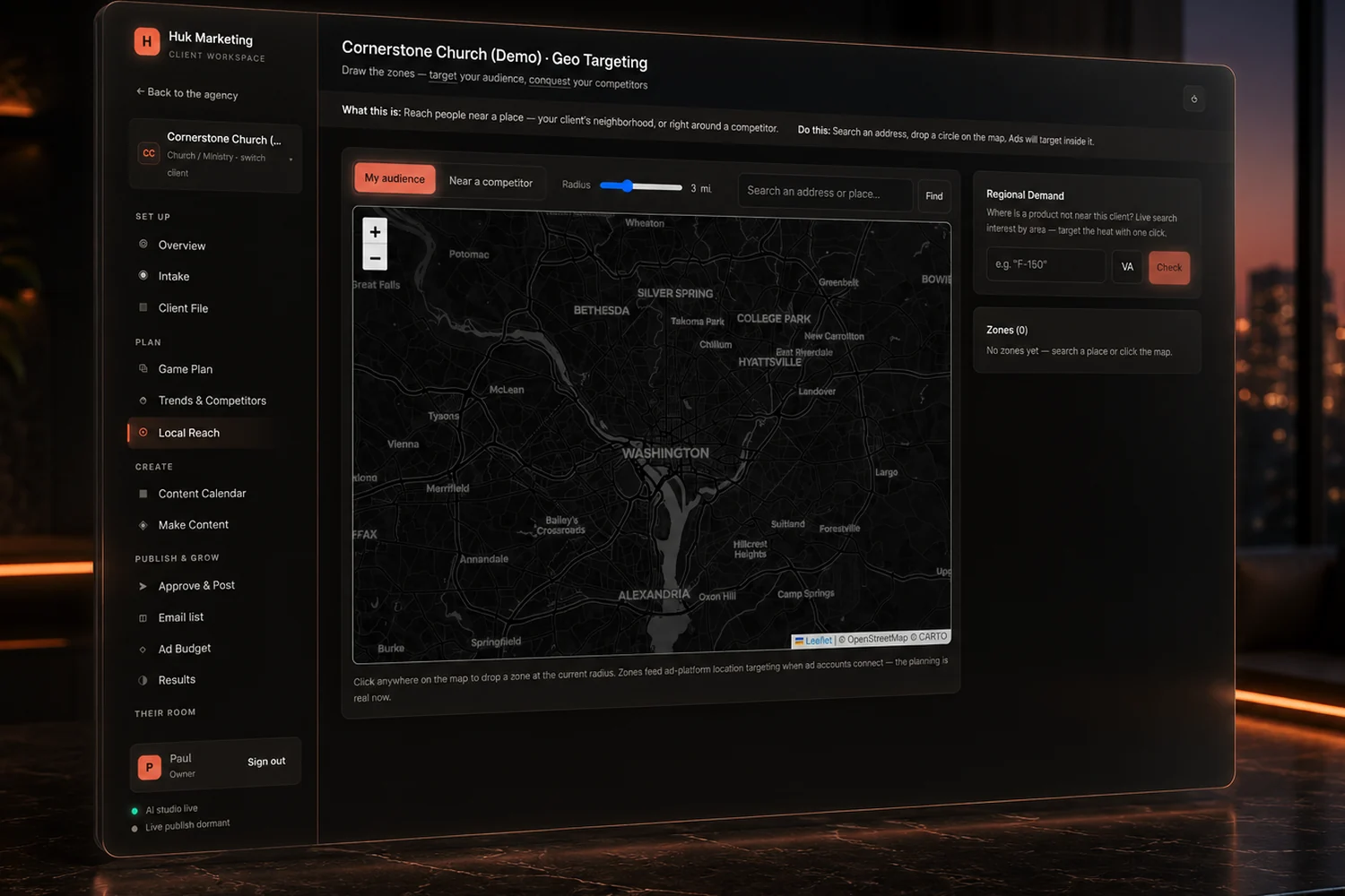 The Huk Marketing Platform on screen: geo targeting zones drawn on a live map