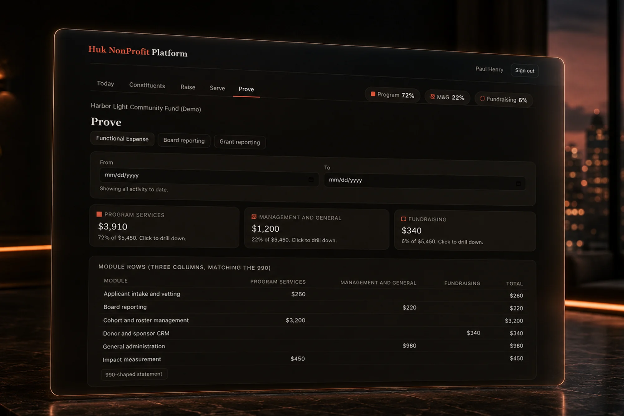 The Huk NonProfit Platform on screen: the functional expense split in three columns